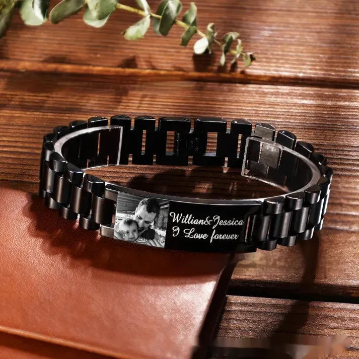 Titanium steel bracelet with curved heart shape and engraved commemorative lettering