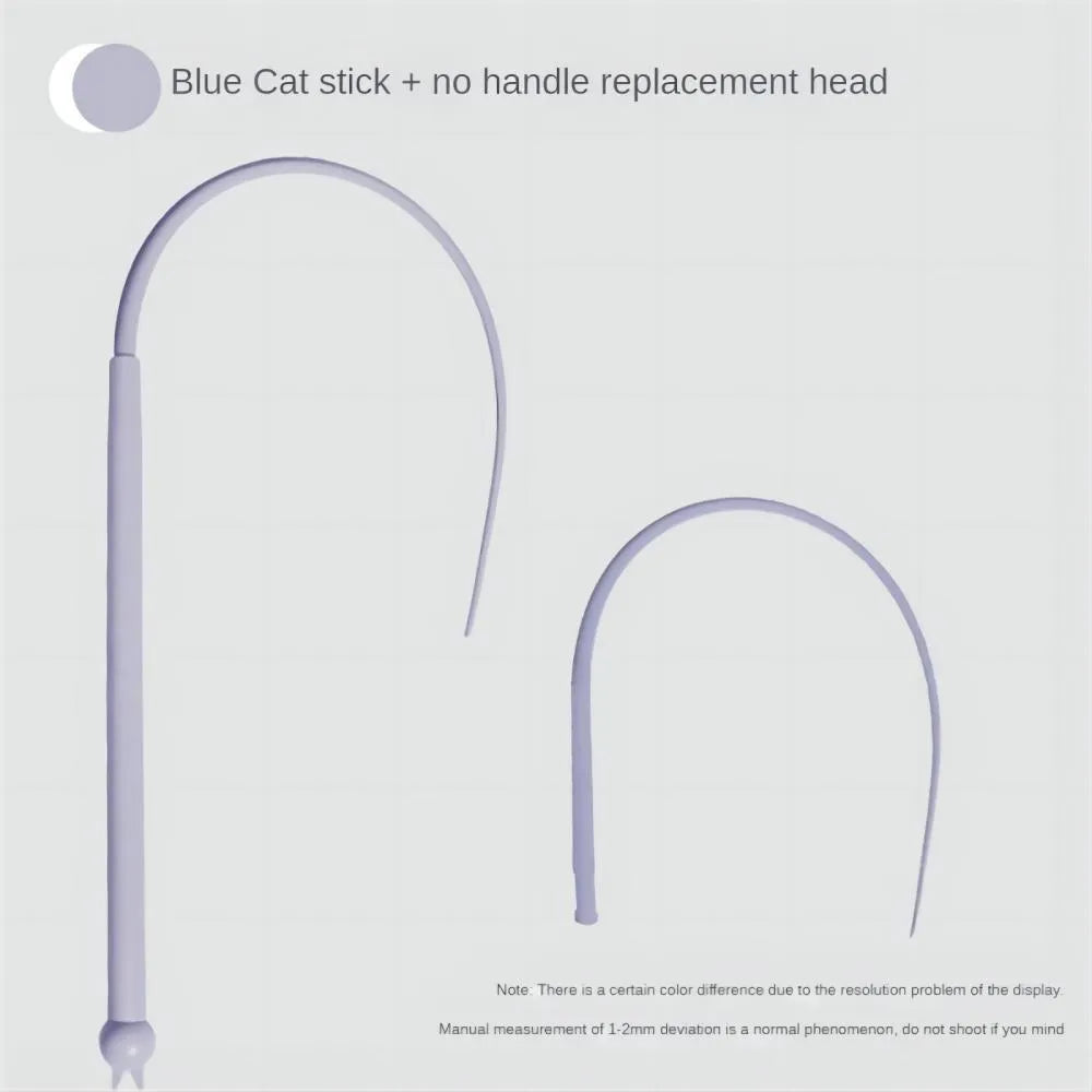 Blue simulated mouse tail cat teaser toy with long silicone tail and ABS handle on a white background.