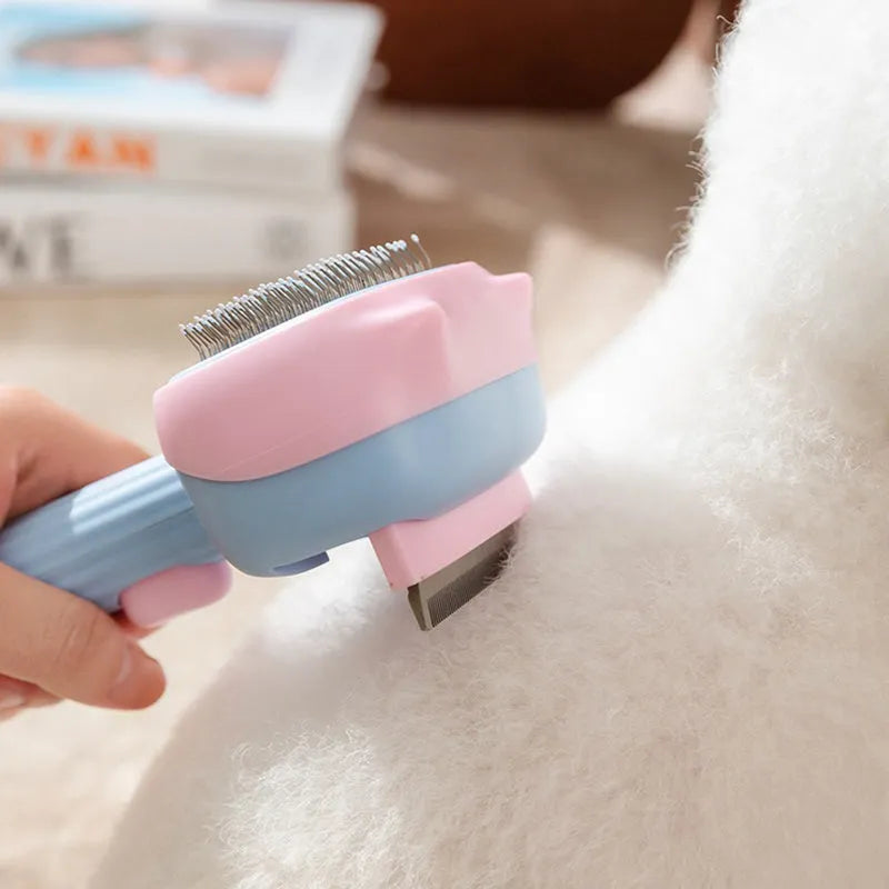 Red double-sided pet grooming brush with deshedding rake and dematting comb, shown with dimensions.