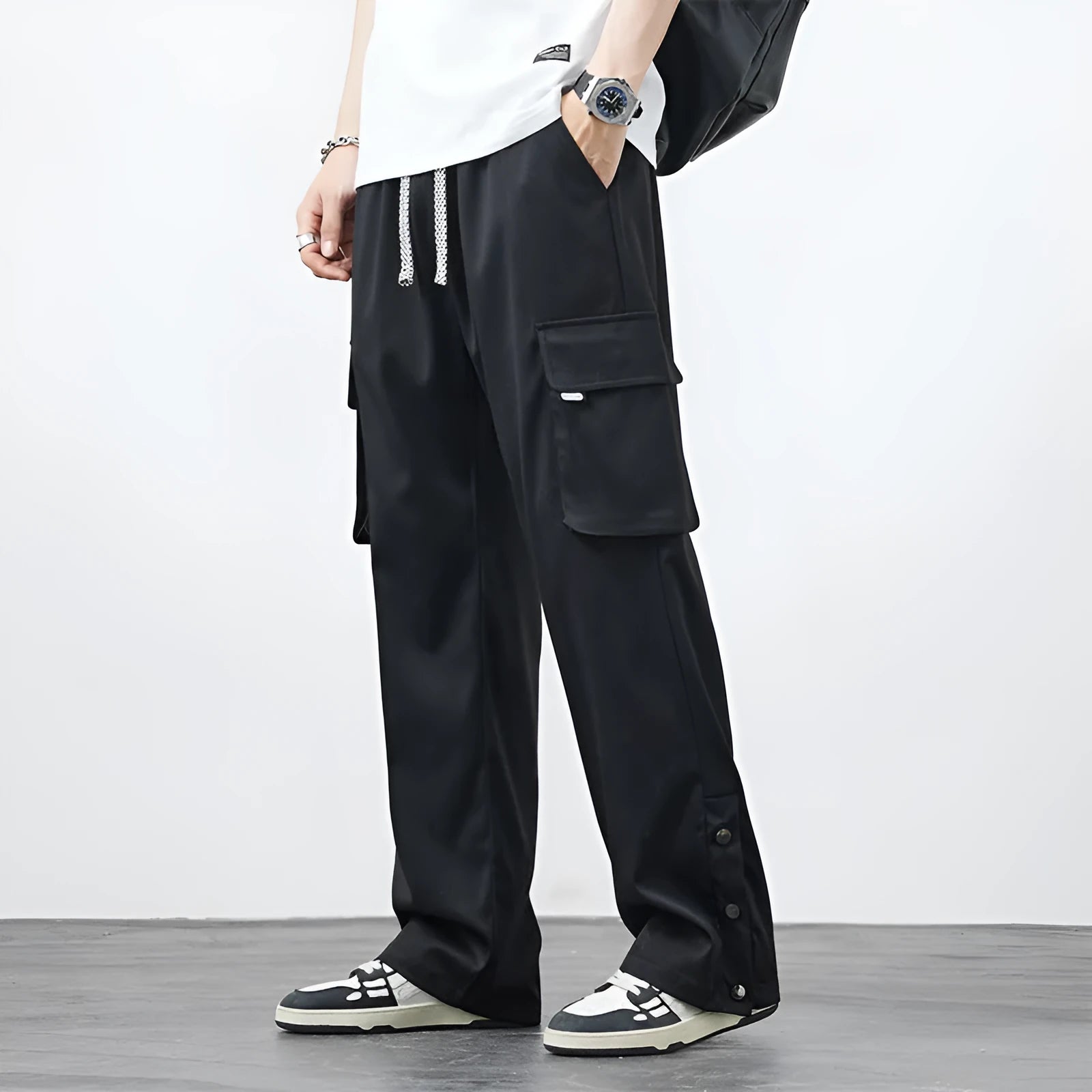Men's plus size loose straight-leg nylon overalls in Army Green, front view