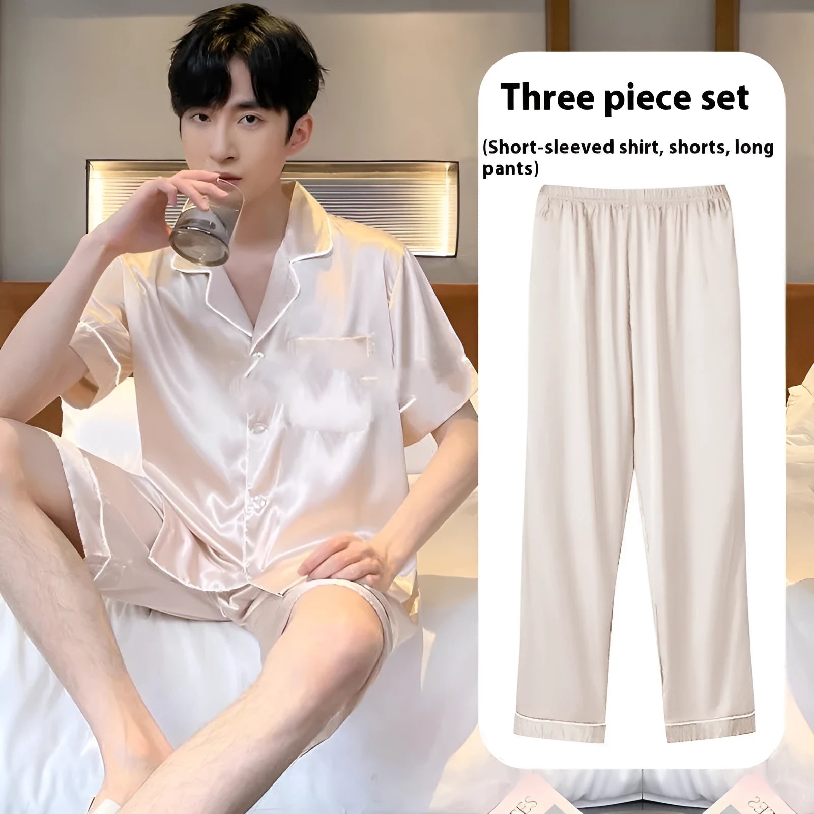 Men's thin ice silk three-piece home wear set showing top, shorts and trousers in blue colour