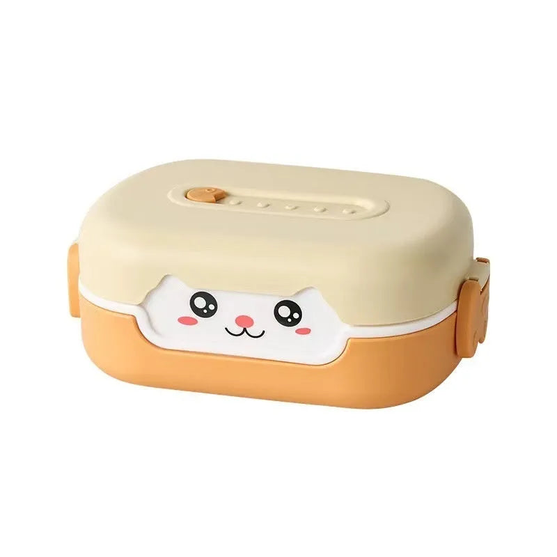 Square divided plastic lunch box in dark blue, orange yellow, or pink and green, shown with compartments.