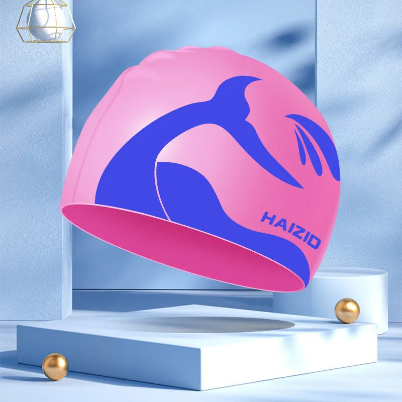 Silicone swimming cap with whale tail pattern and waterproof ear protectors in various colours