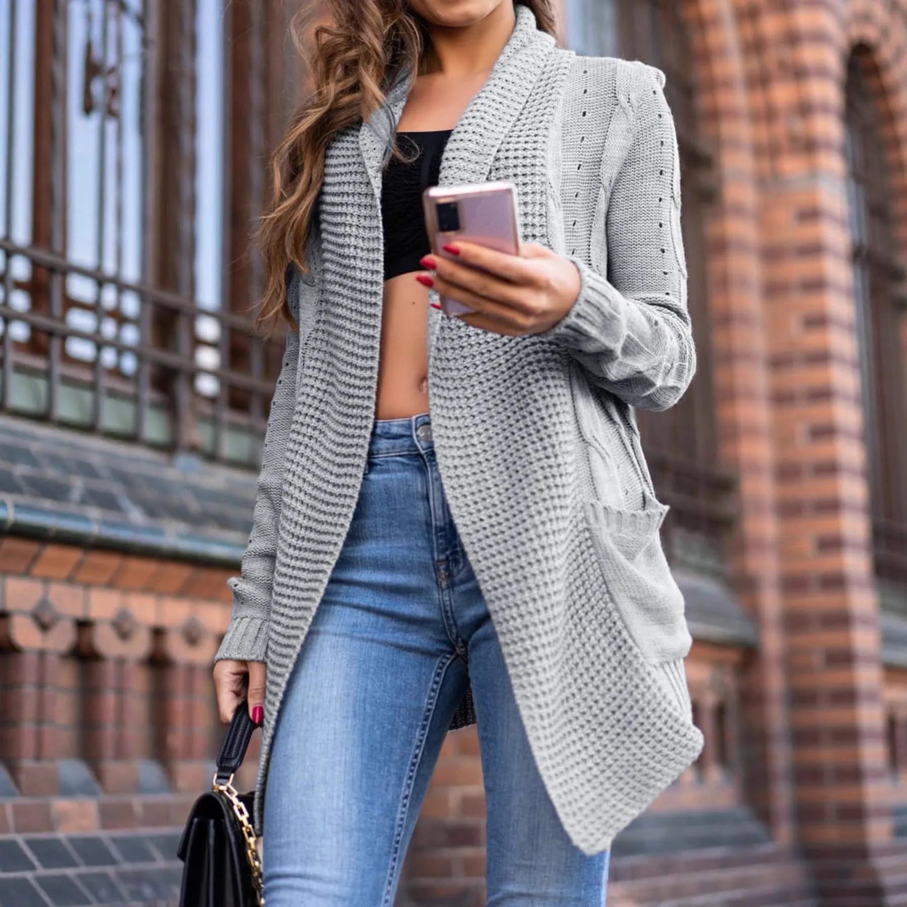 Grey loose fit women's cardigan coat with pockets, made from viscose fibre.