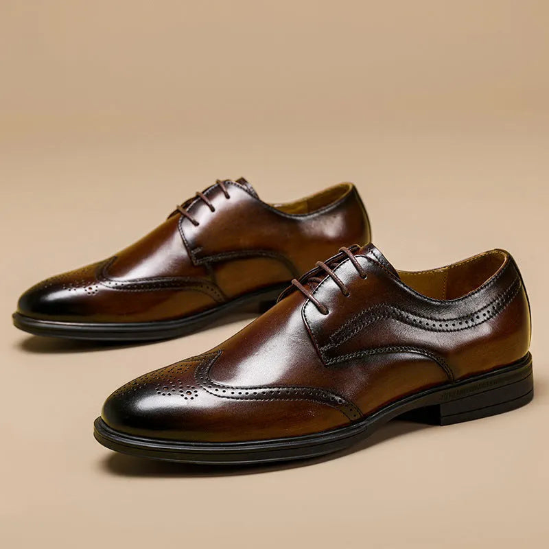 Men's leather oxford brogue shoes round toe low upper black brown