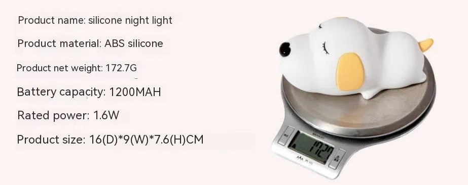 Silicone night lamp in cartoon dog shape, two-colour glow, USB charging port visible at base