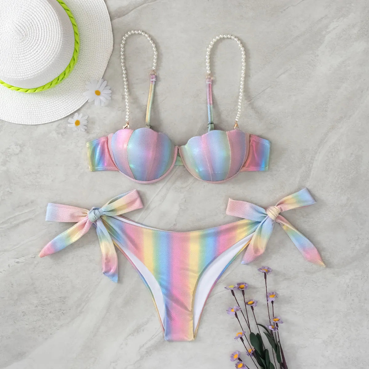 Women's shell rainbow bikini split tied swimsuit with polyester fabric, side ties, and matching top and pants