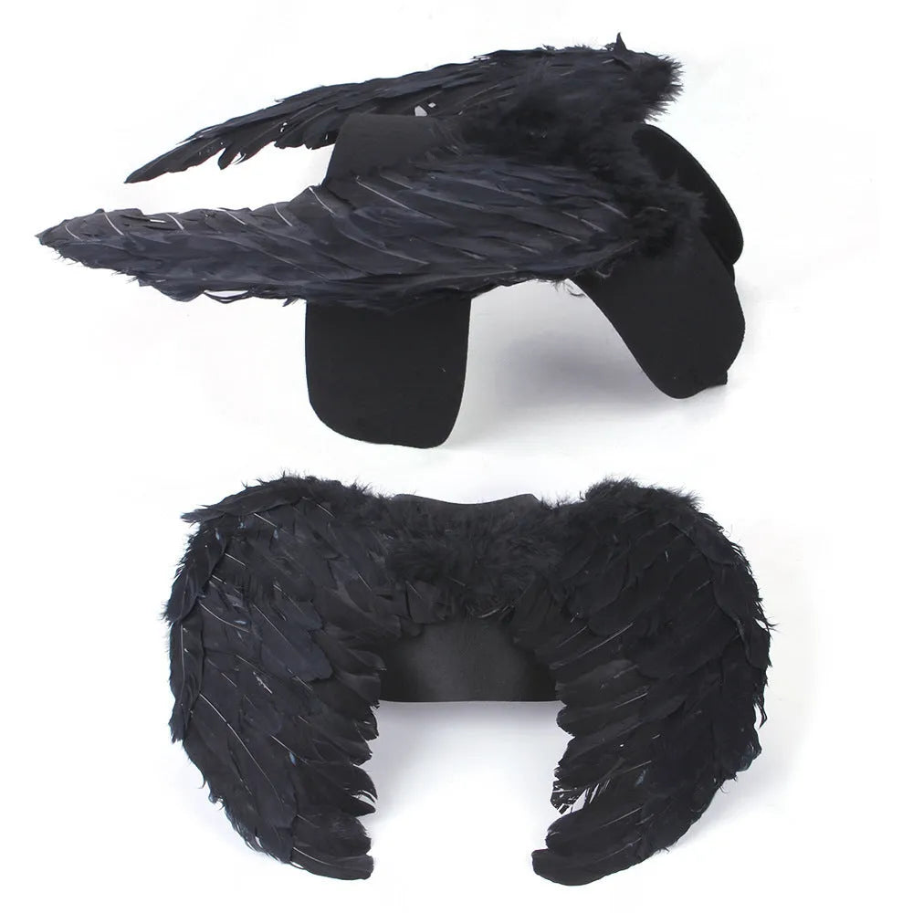 Halloween angel wings dog costume in felt cloth with chest-back harness, black colour, side view