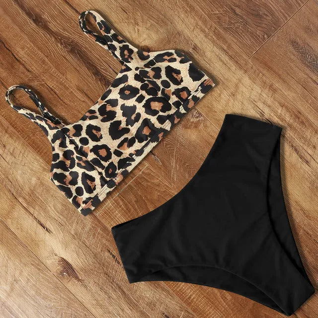 High waist leopard print push up bikini set with bra top and shorts for women, polyester swimwear, multiple colour options