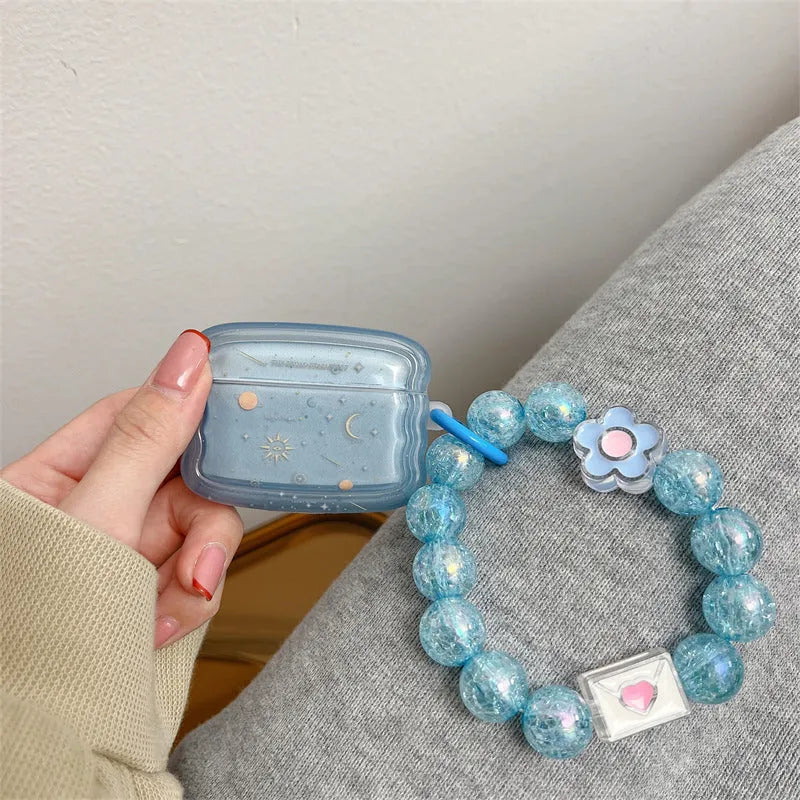 Clear blue starry sky TPU earphone case with wavy edge and bracelet chain for AirPods Pro