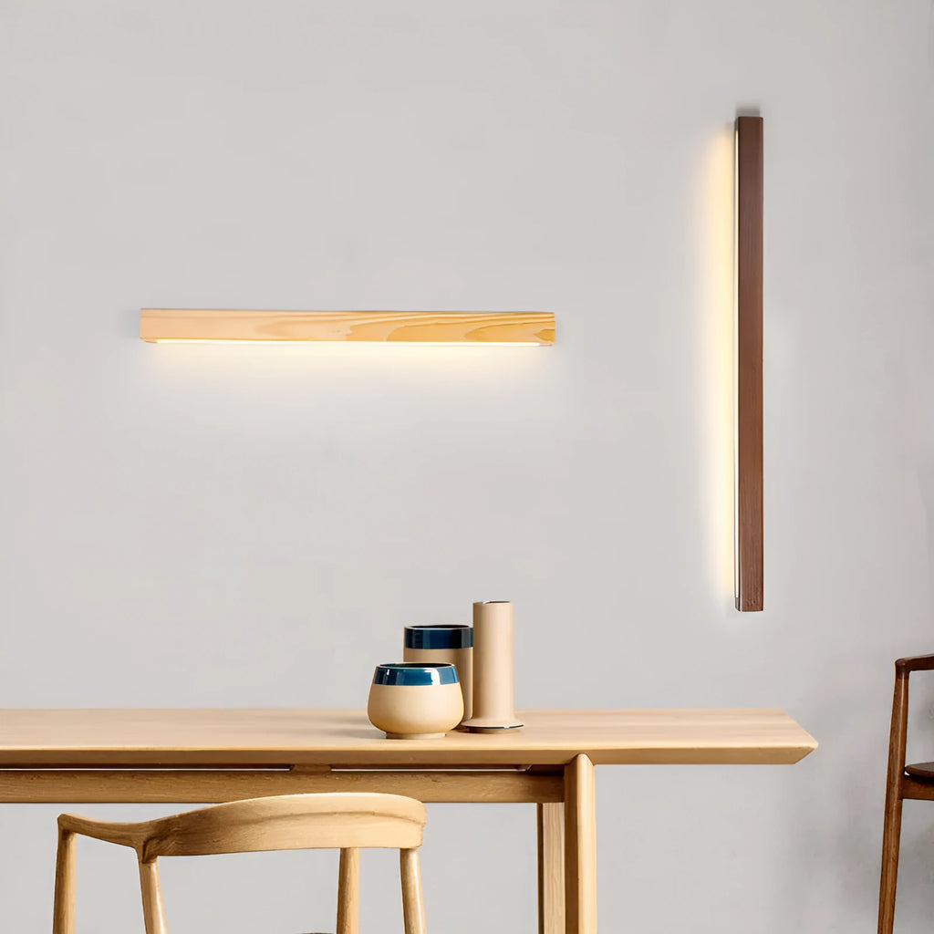 Walnut-coloured wooden log strip LED wall lamp with slim 4.5cm profile in three length options