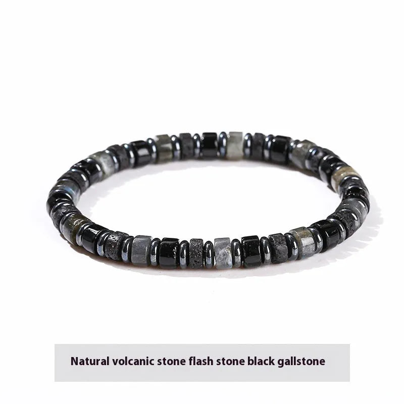 Natural haematite spacer bead bracelet with volcanic rock and aragonite interval beads, 6mm, simple unisex style