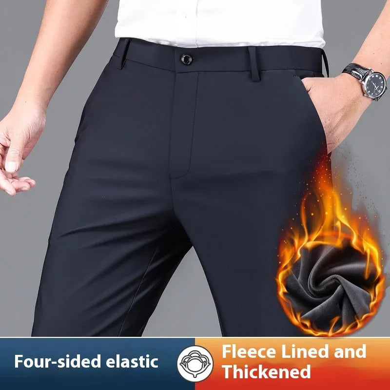 Fleece-lined men's trousers in black, straight fit, anti-wrinkle non-iron polyester fabric