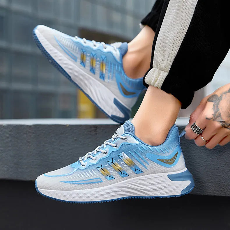 Fly-woven mesh thick-soled sports sneakers in blue and green – breathable lace-up men's walking running shoes