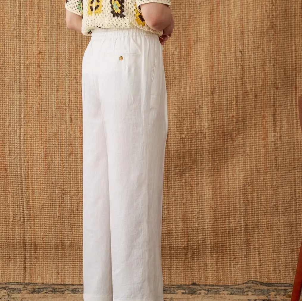 Linen straight-leg trousers with elasticated high waistband in greige colour