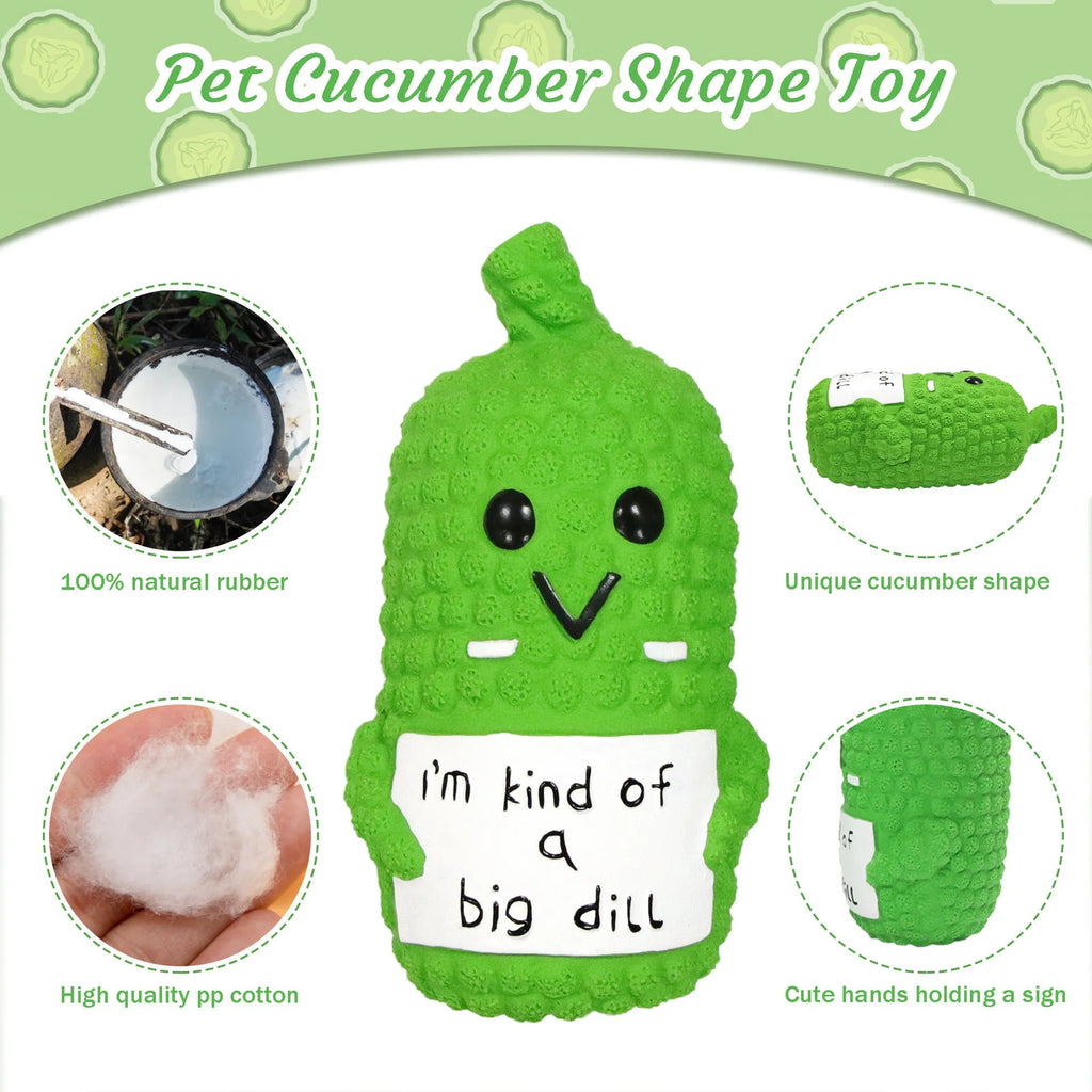 Green pickle-shaped latex dog toy with textured nubs and a squeaker inside.