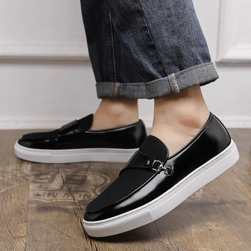 Men's horsebit buckle slip-on loafers in black and red, artificial leather upper, round toe, rubber sole