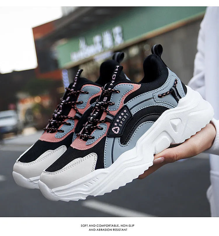 Women's white mesh casual sports shoes with thick PU sole and round toe