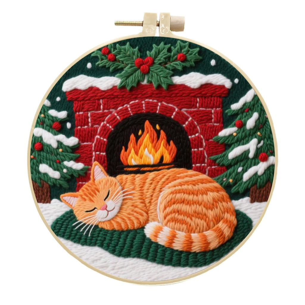 Cat embroidery DIY kit with cotton linen fabric, autumn fruit patterns, and bamboo embroidery frame