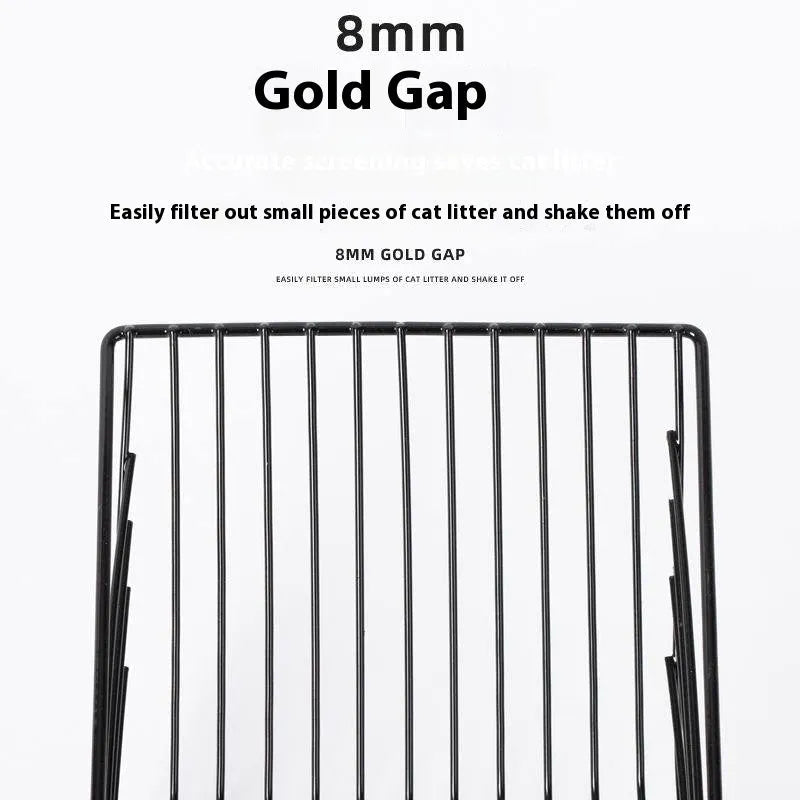 Black alloy metal cat litter scoop with 0.8cm gap spacing for pet waste cleaning