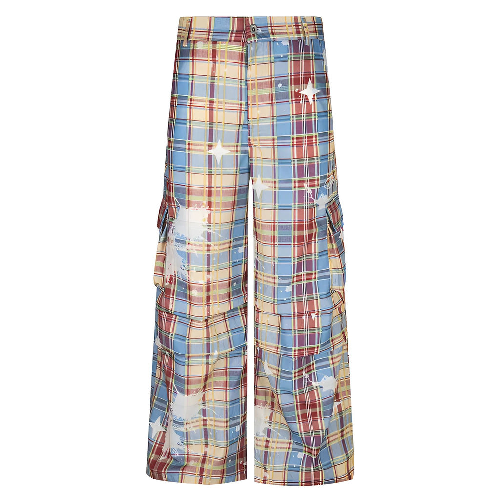 Men's retro plaid loose straight casual trousers in blue polyester fabric with mid waist and straight leg