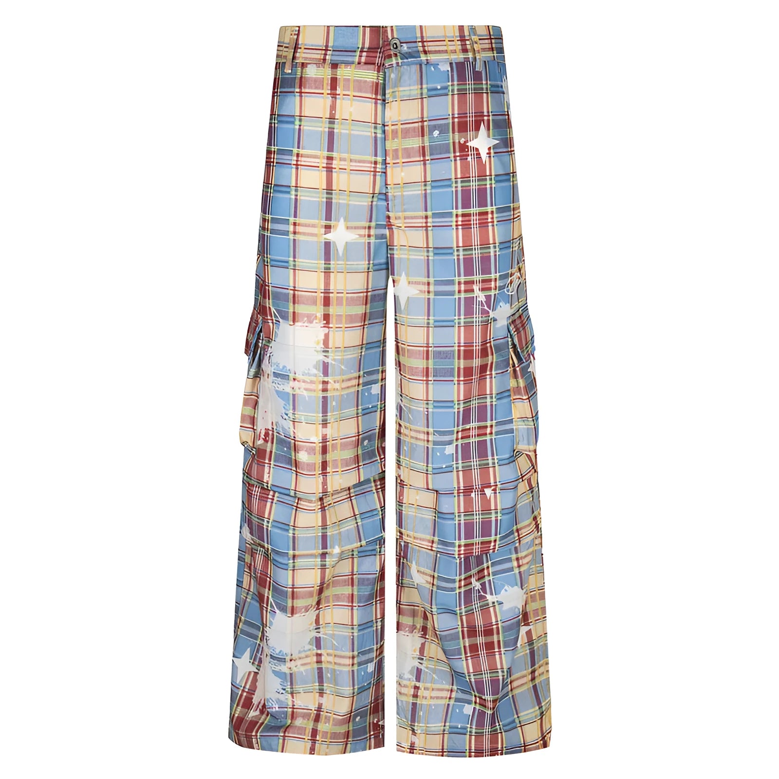 Men's retro plaid loose straight casual trousers in blue polyester fabric with mid waist and straight leg