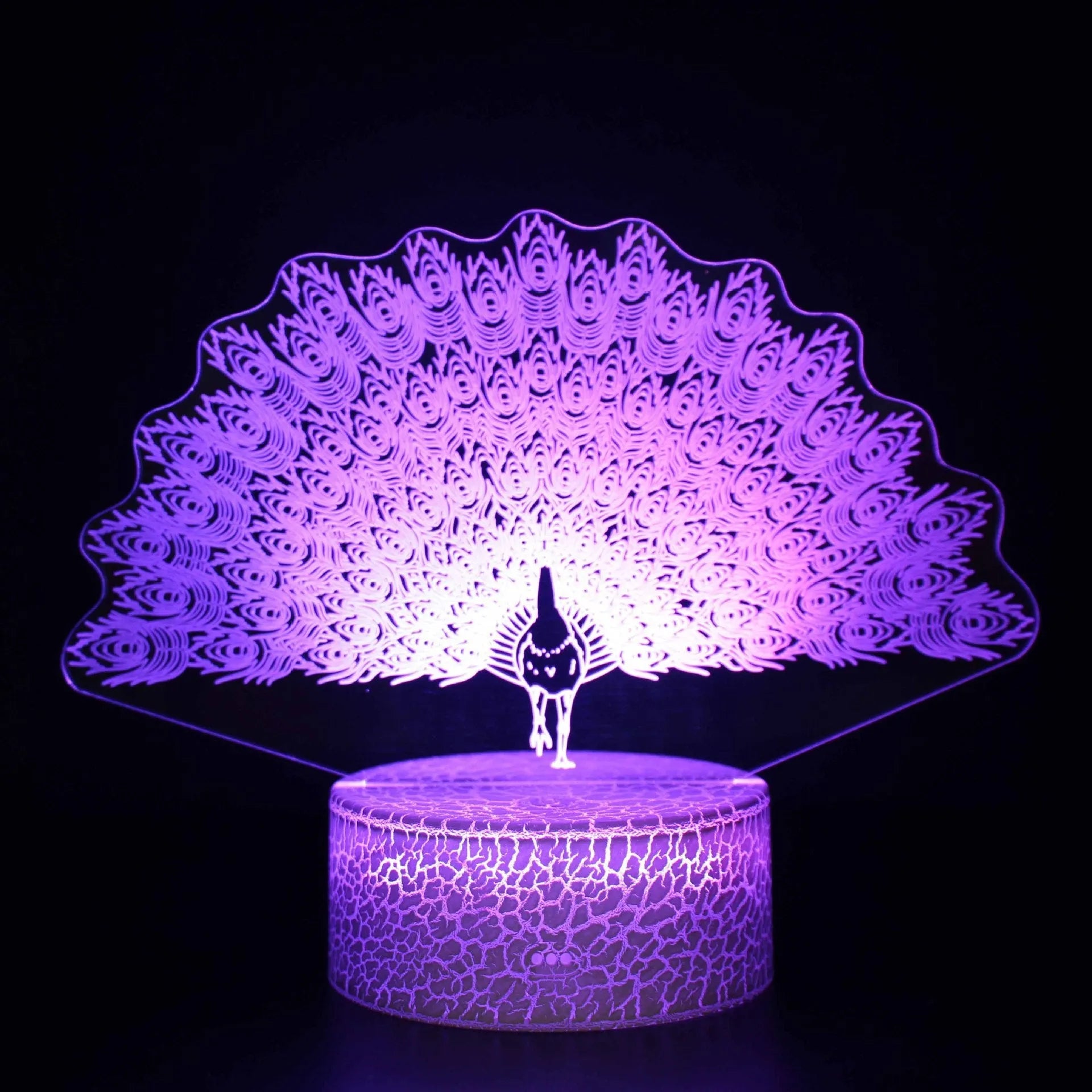 Acrylic 3D table lamp with colourful crack base design and touch controls on wooden surface