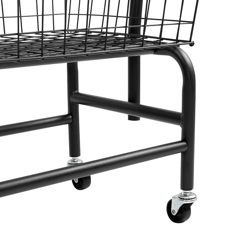 White iron single rod pulley storage car with clothes hanger on a rail.
