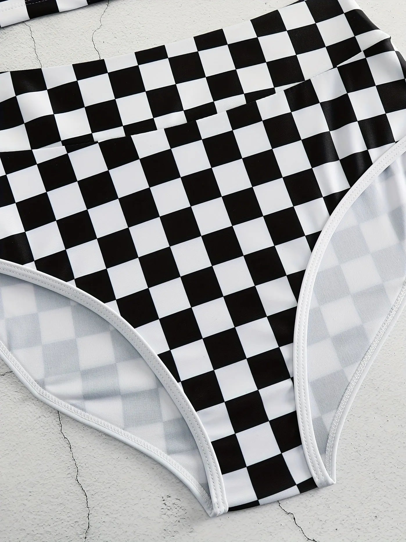Racing one-piece swimsuit with suspender backless design chessboard plaid pattern polyester sporty style for women