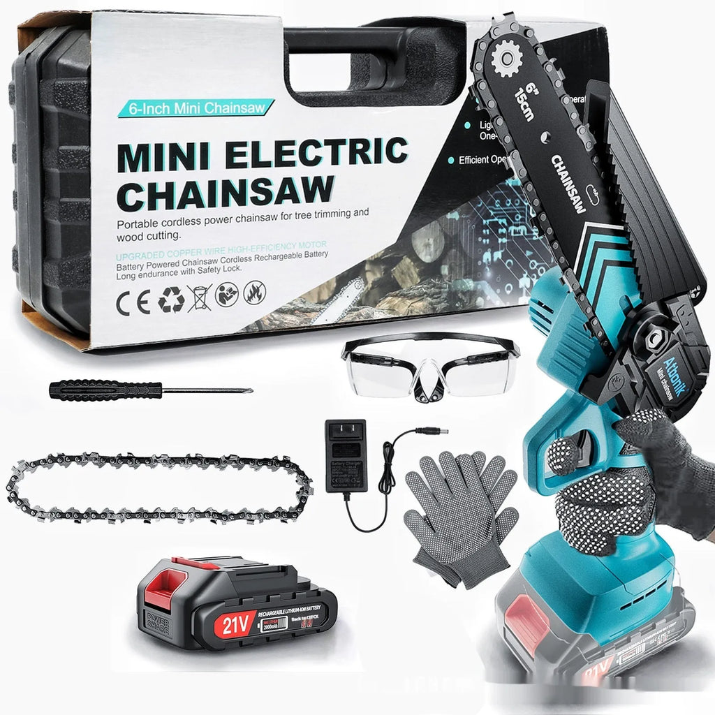 Household small handheld wireless rechargeable lithium electric saw with 6-inch chain and two batteries in storage box