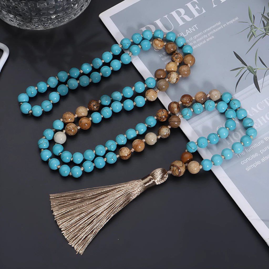 Handmade 108 mala necklace with vintage turquoise painted stone beads on a ball bead chain, blue pine colour, unisex design