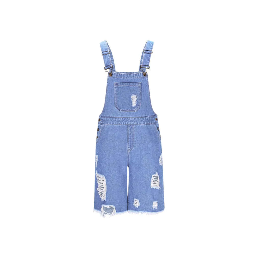 Men's cotton denim suspender shorts straight-leg mid-waist dark blue