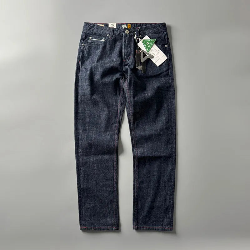 Men's straight leg jeans in primary colour cotton denim fabric with non-elastic waistband