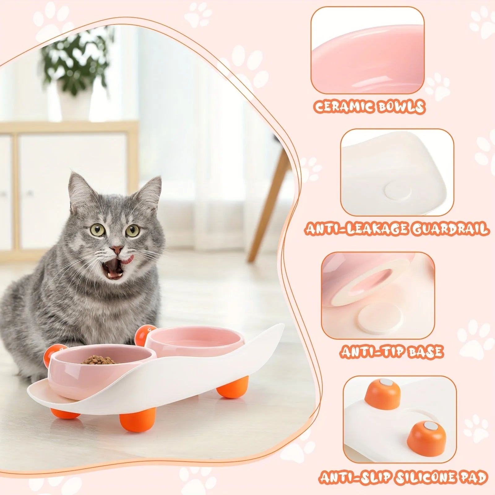 Ceramic raised double pet bowl set in pink yellow colour with non-slip base.