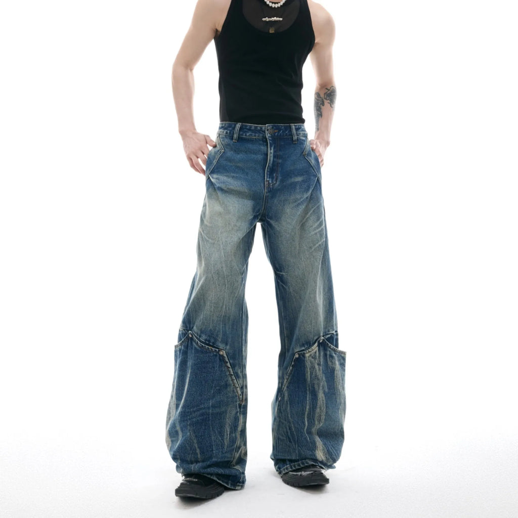 Men's verdant blue retro washed jeans with burst pattern and curved knife design in loose fit