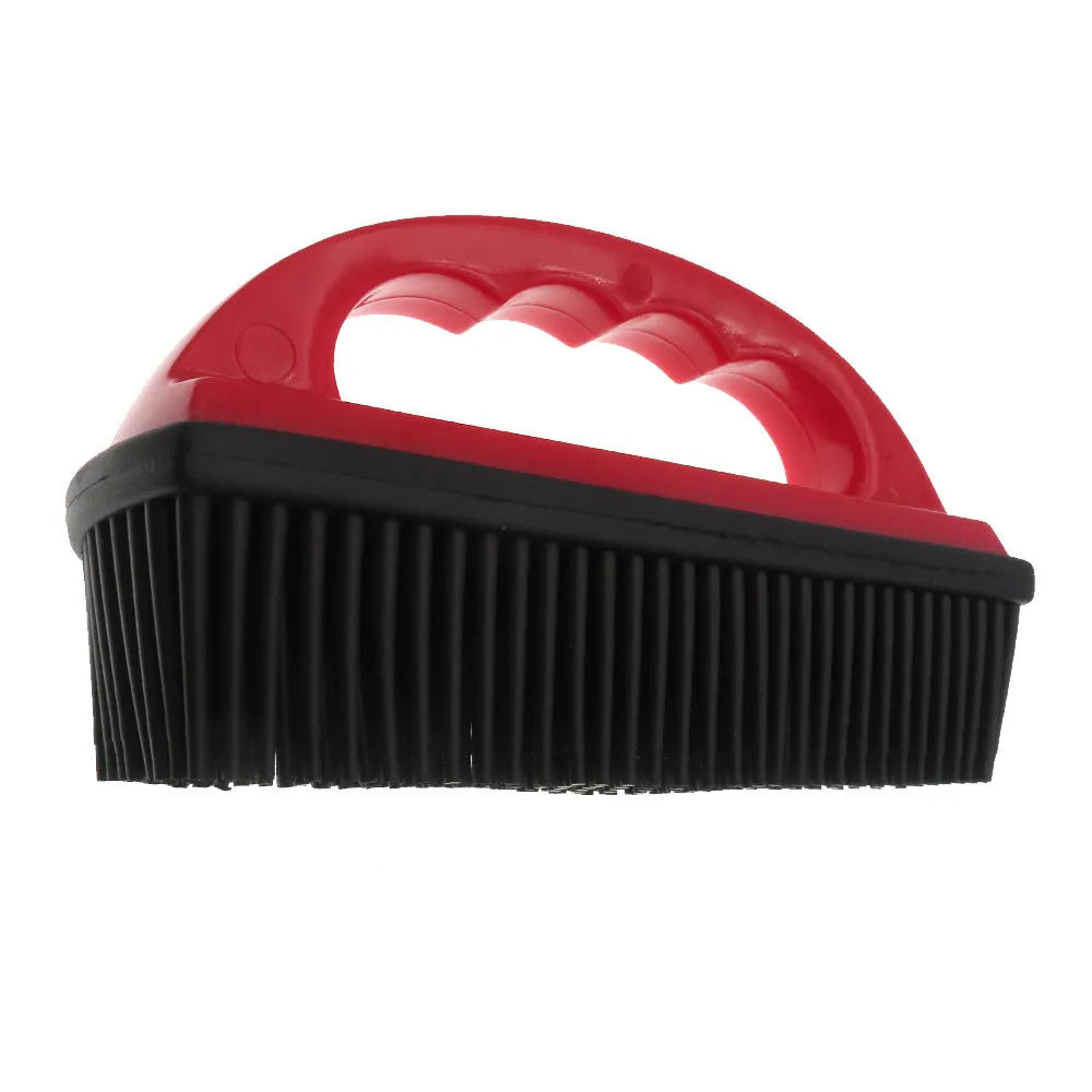 Red plastic pet hair removal brush measuring 160x85mm for grooming and carpet cleaning