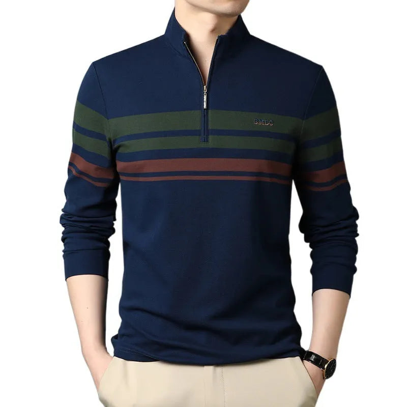 Men's cotton stand collar long sleeve T-shirt in green, front view, size 48 to 56