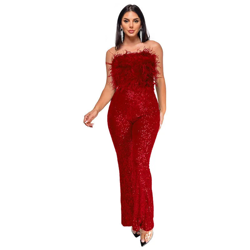 Women's sleeveless backless sequin jumpsuit with flared legs and zipper closure in multiple colour options