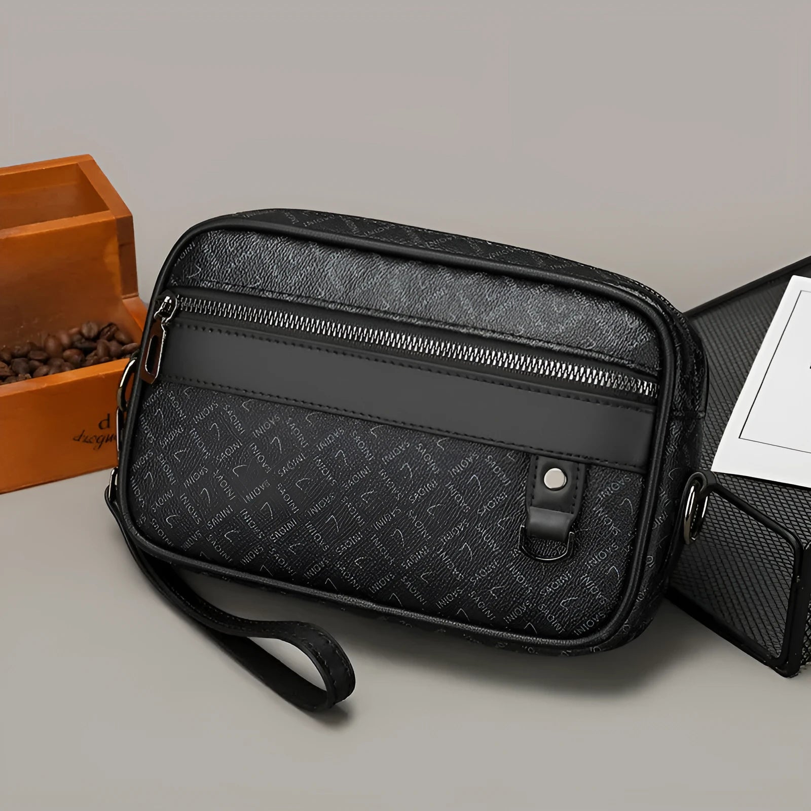 Large capacity men's messenger bag in 2206 Black with geometric pattern PU exterior and handheld design