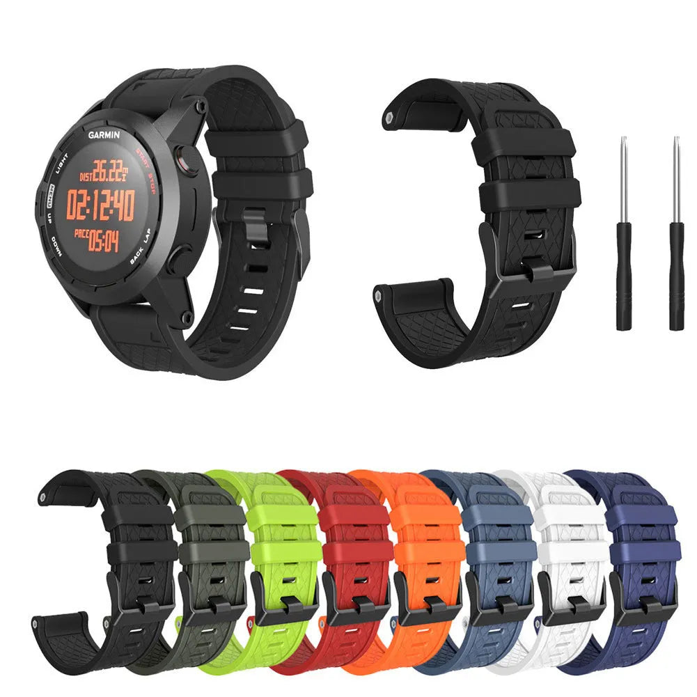 26mm silicone sports watch strap for Jiaming watches in eight colour options on a white background.