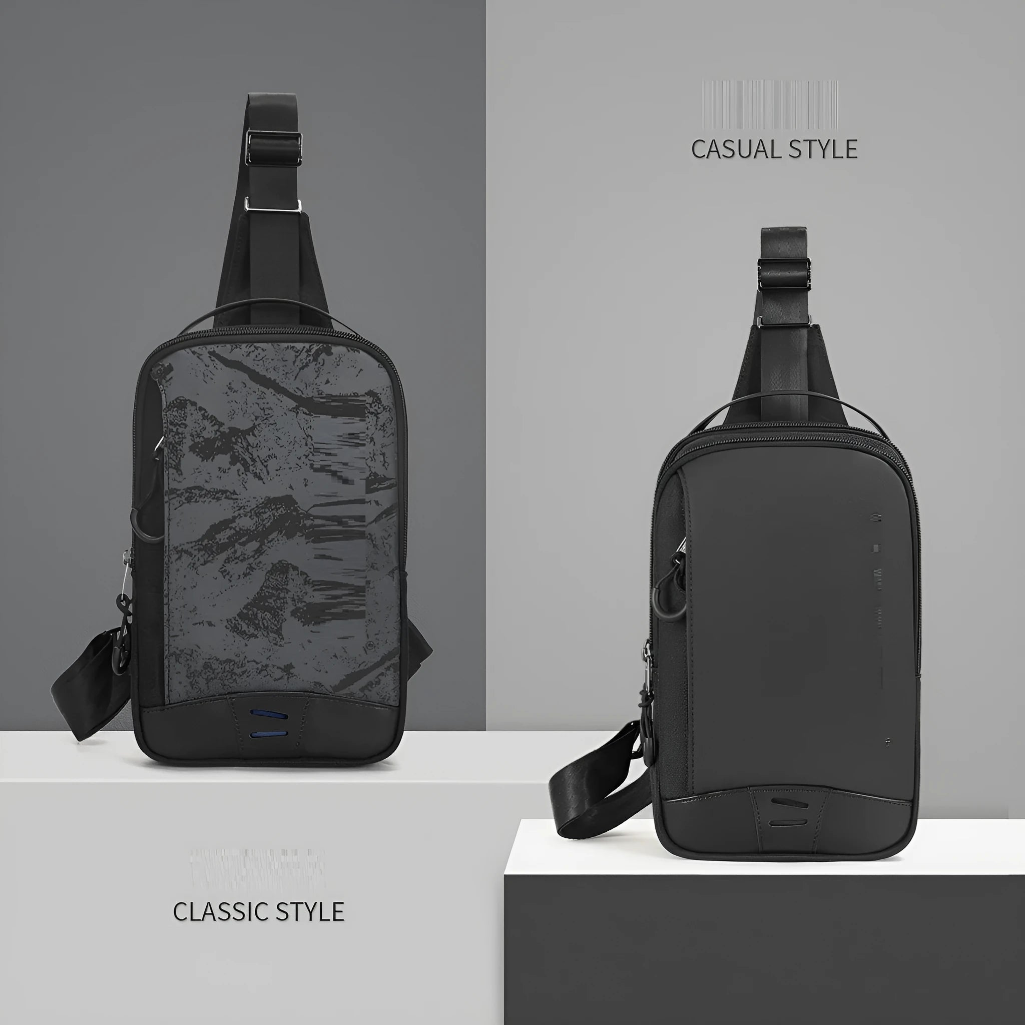 Casual black camouflage pattern chest pack with single shoulder strap and soft handle