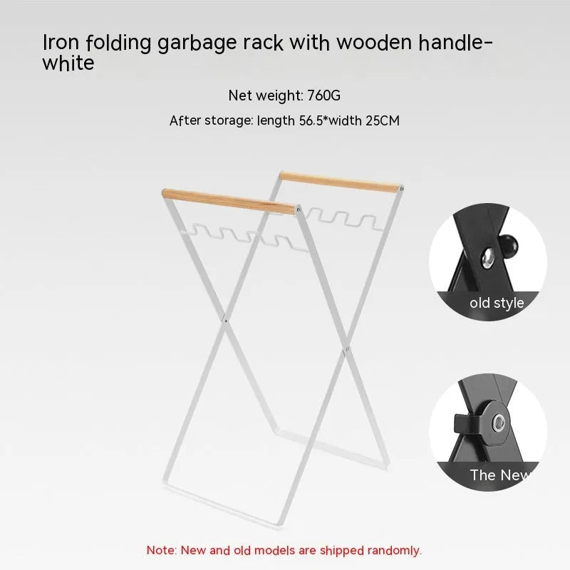 Outdoor folding garbage storage hanger with wrought iron frame and wooden handle.