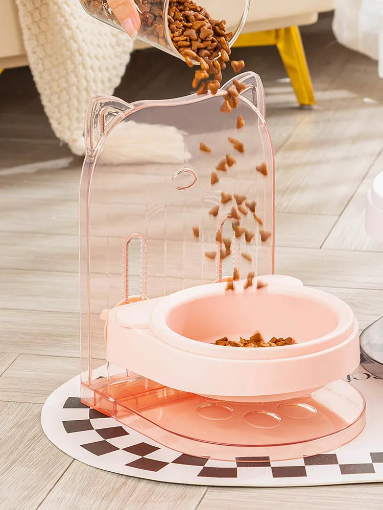 Grey cat feeding bowl with anti-spill cat ears design and removable hanging cage