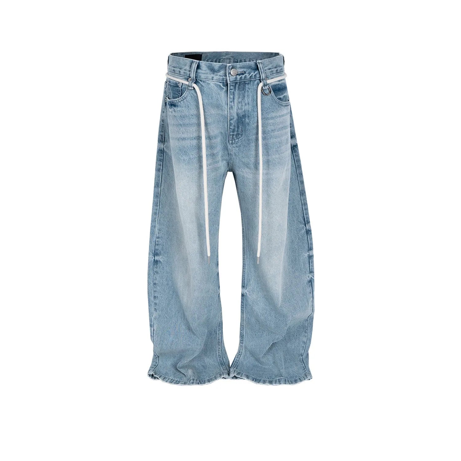 Blue retro washed straight-leg denim trousers with drawstring belt and zipper fly on a model