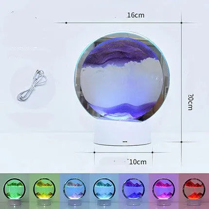 Creative 3D quicksand table lamp with glass shade on bedside table showing blue light colour