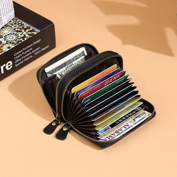 First cowhide double layer zipper expanding card holder anti-theft wallet in black with gift box