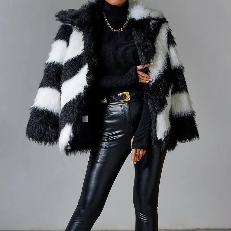 Women's faux fur coat with lapel contrast colour and fur collar, 50cm length