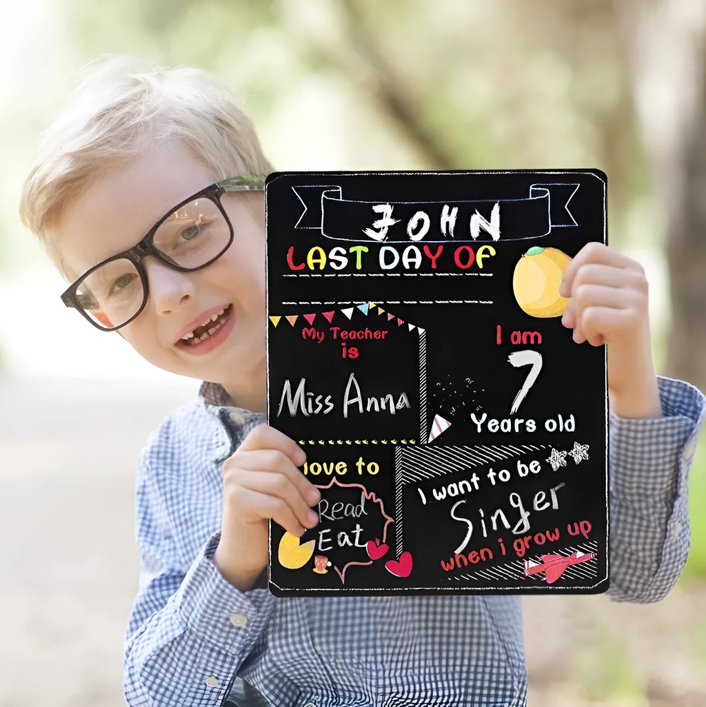 Wooden first day of school blackboard sign with modern design showing dimensions