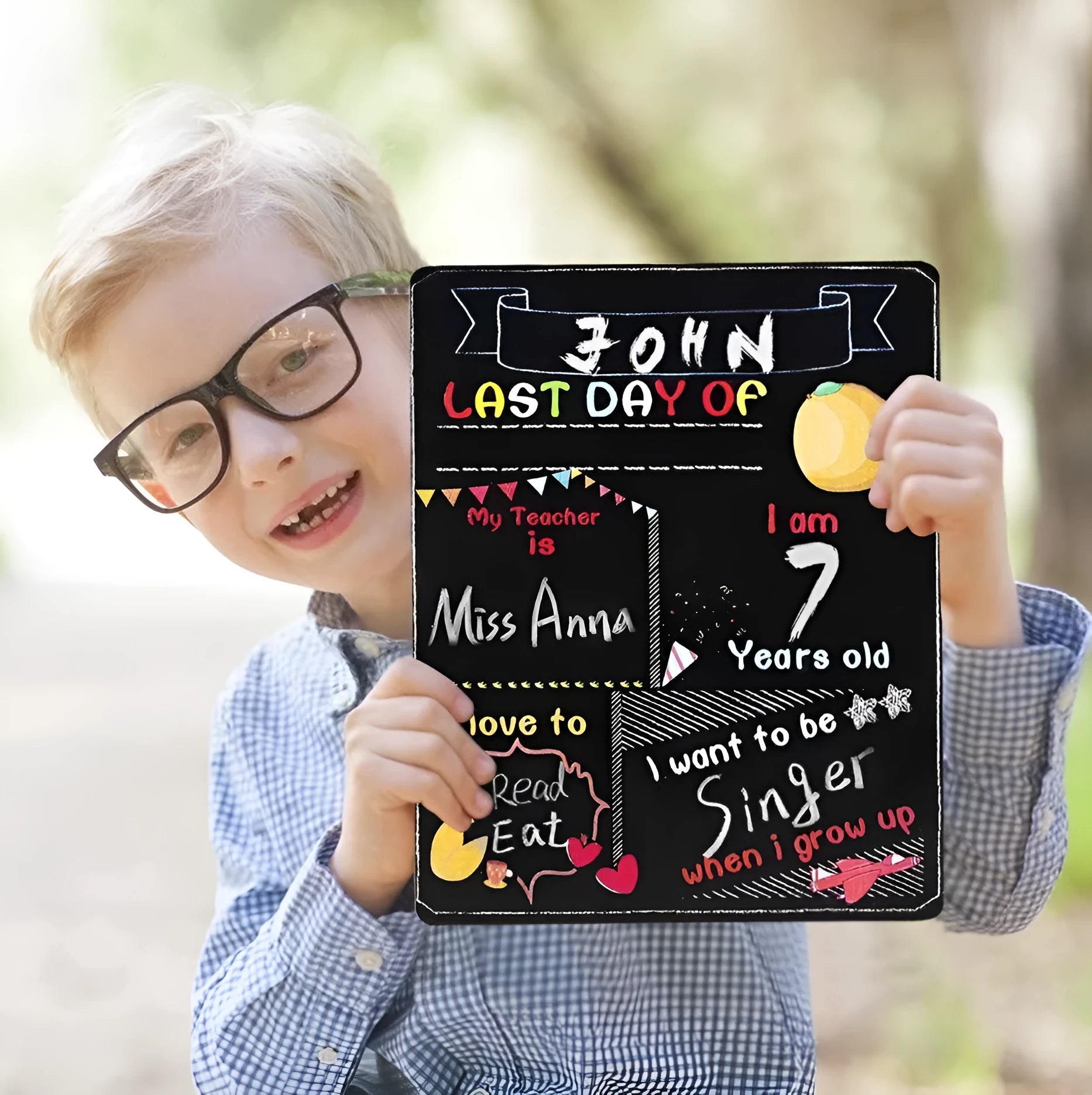 Wooden first day of school blackboard sign with modern design showing dimensions