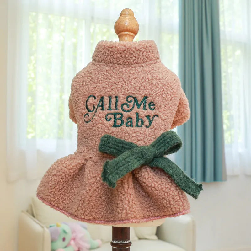 Pet clothing warm berber fleece skirt with letter print in pink and dark blue, sizes XS to XL